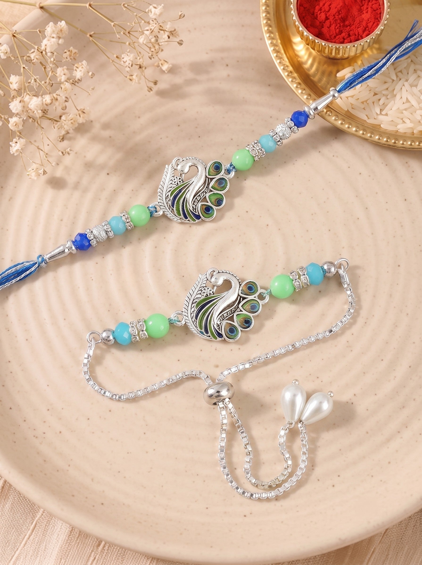 Premium Silver-Plated Peacock Design AD Studded Beaded Bhai and Bracelet Type for Bhabhi
