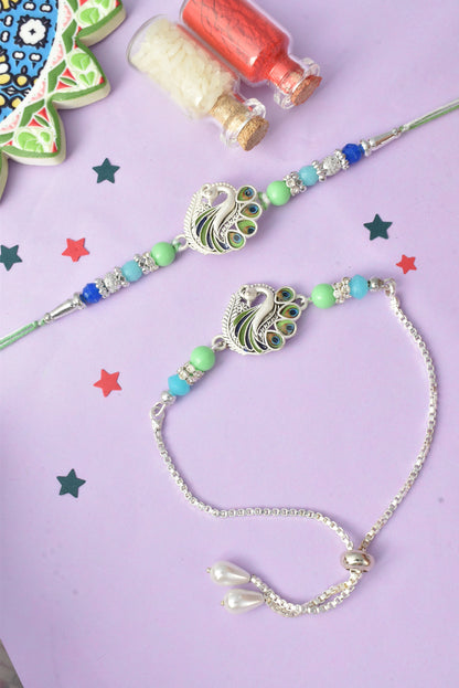 Premium Silver-Plated Peacock Design AD Studded Beaded Bhai and Bracelet Type for Bhabhi