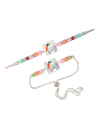 Premium Silver-Plated Peacock Design AD Studded Beaded Bhai and Bracelet Type for Bhabhi