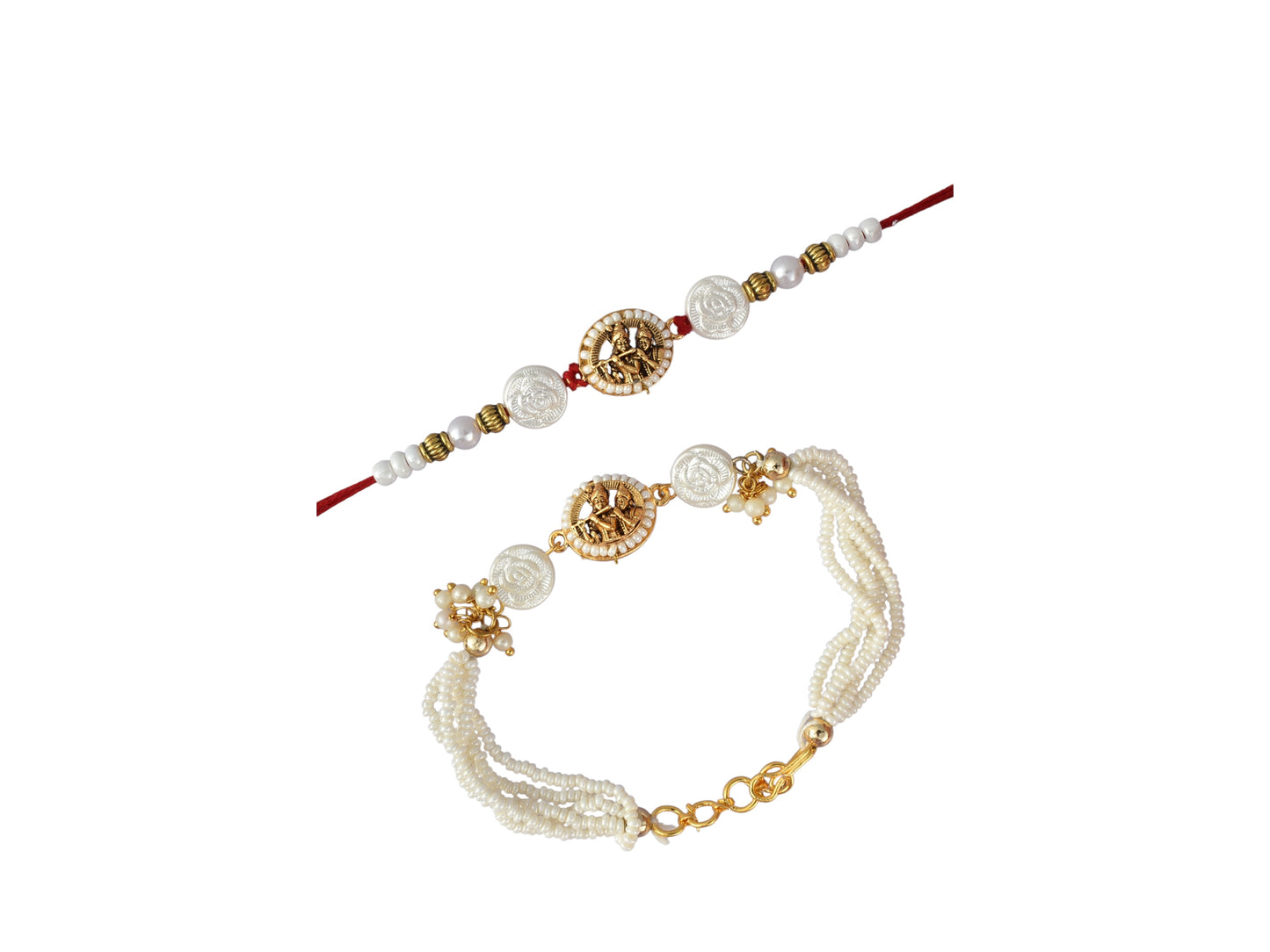 Premium Silver-Plated Radha Krishna Design AD Studded Beaded Bhai and Bracelet Type for Bhabhi