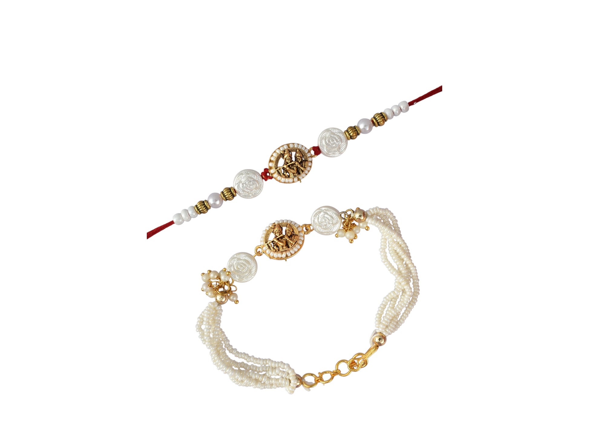 Premium Silver-Plated Radha Krishna Design AD Studded Beaded Bhai and Bracelet Type for Bhabhi