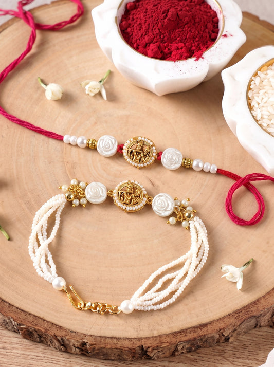 Premium Silver-Plated Radha Krishna Design AD Studded Beaded Bhai and Bracelet Type for Bhabhi