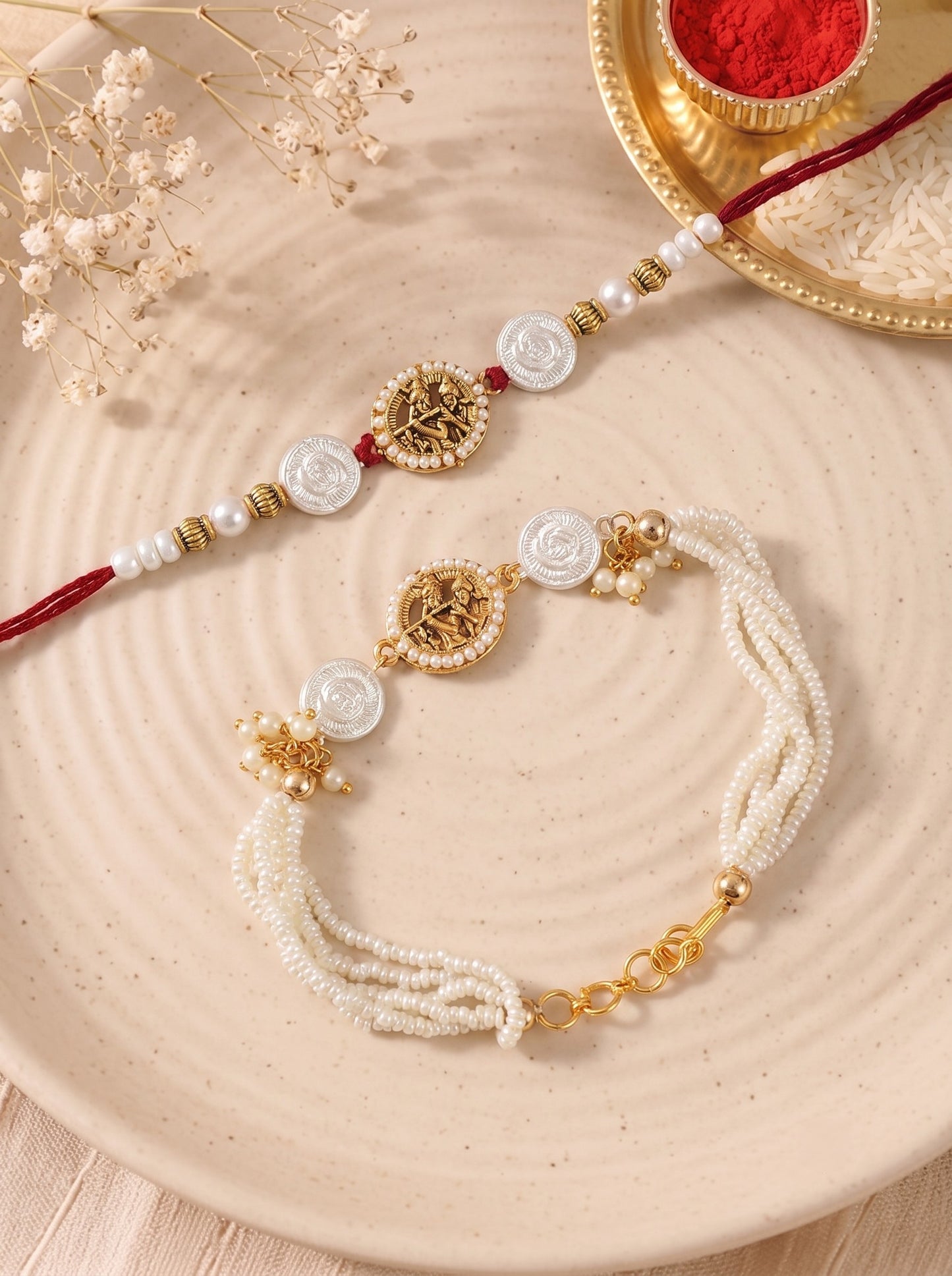 Premium Silver-Plated Radha Krishna Design AD Studded Beaded Bhai and Bracelet Type for Bhabhi