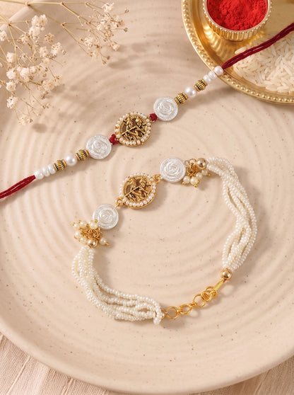 Premium Silver-Plated Radha Krishna Design AD Studded Beaded Bhai and Bracelet Type for Bhabhi