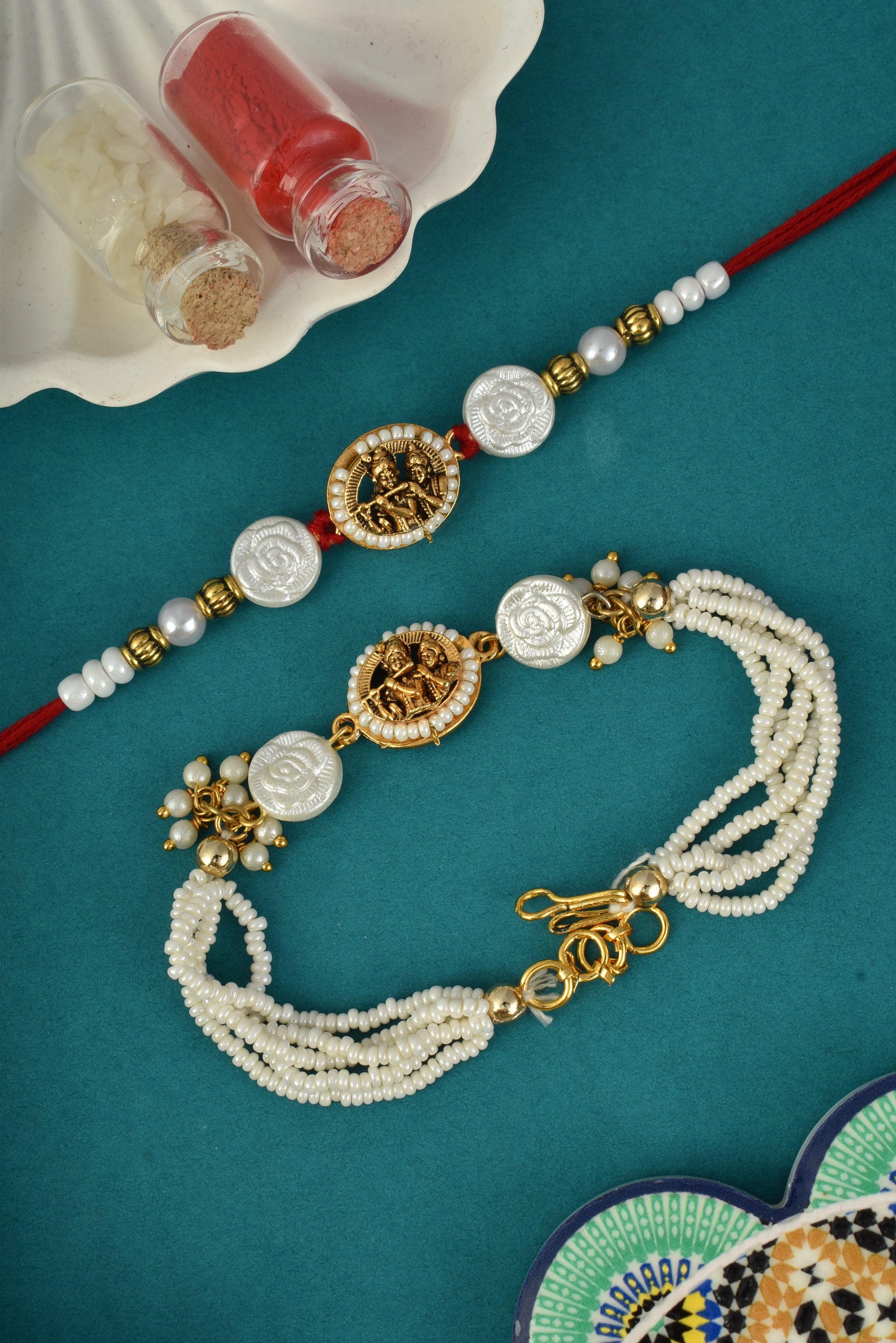 Premium Silver-Plated Radha Krishna Design AD Studded Beaded Bhai and Bracelet Type for Bhabhi