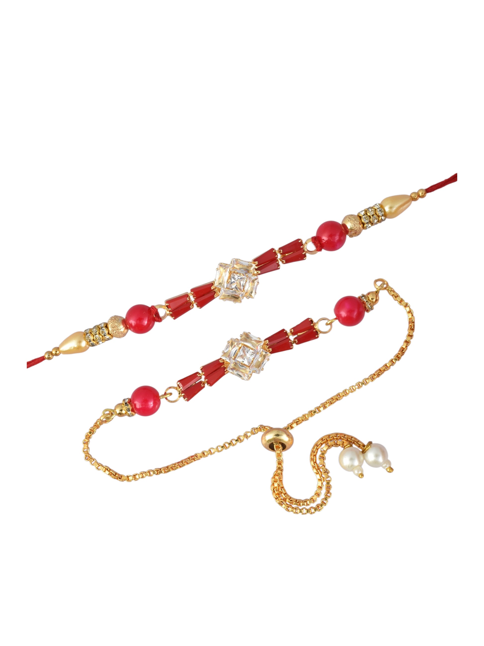 Premium Gold-Plated Red Design AD Studded Beaded Bhai and Bracelet Type for Bhabhi