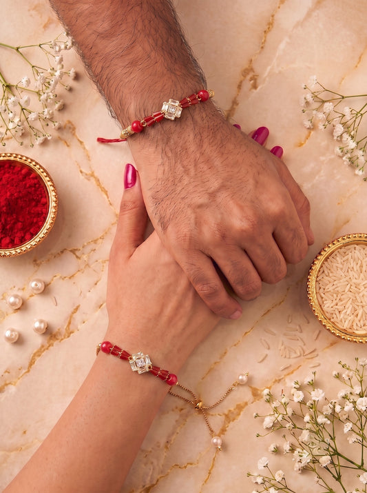 Premium Gold-Plated Red Design AD Studded Beaded Bhai and Bracelet Type for Bhabhi