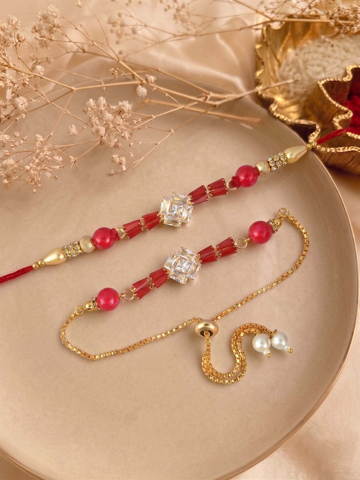 Premium Gold-Plated Red Design AD Studded Beaded Bhai and Bracelet Type for Bhabhi