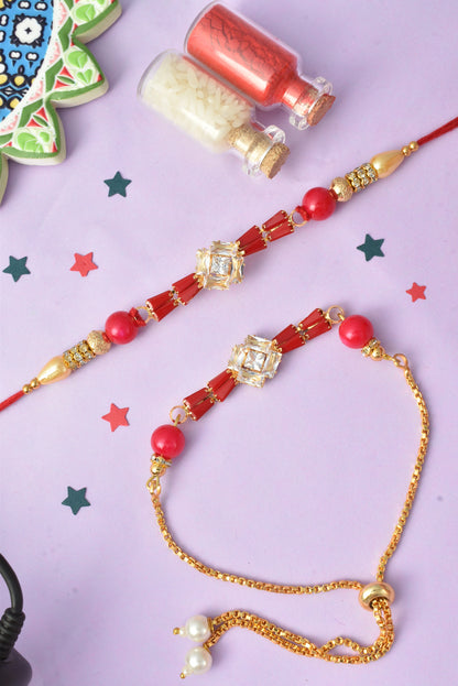 Premium Gold-Plated Red Design AD Studded Beaded Bhai and Bracelet Type for Bhabhi