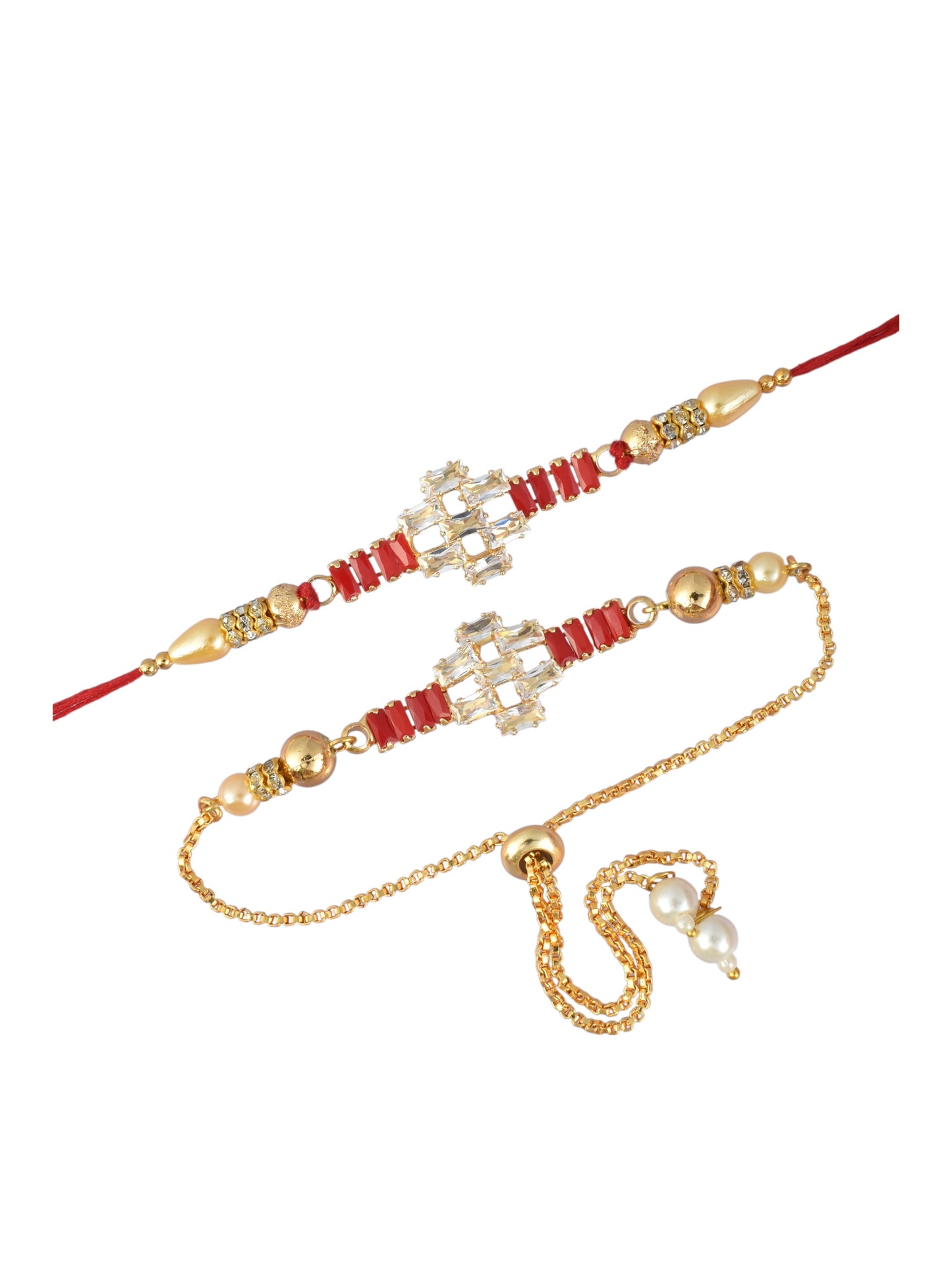 Premium Gold-Plated Red Design AD Studded Beaded Bhai and Bracelet Type for Bhabhi
