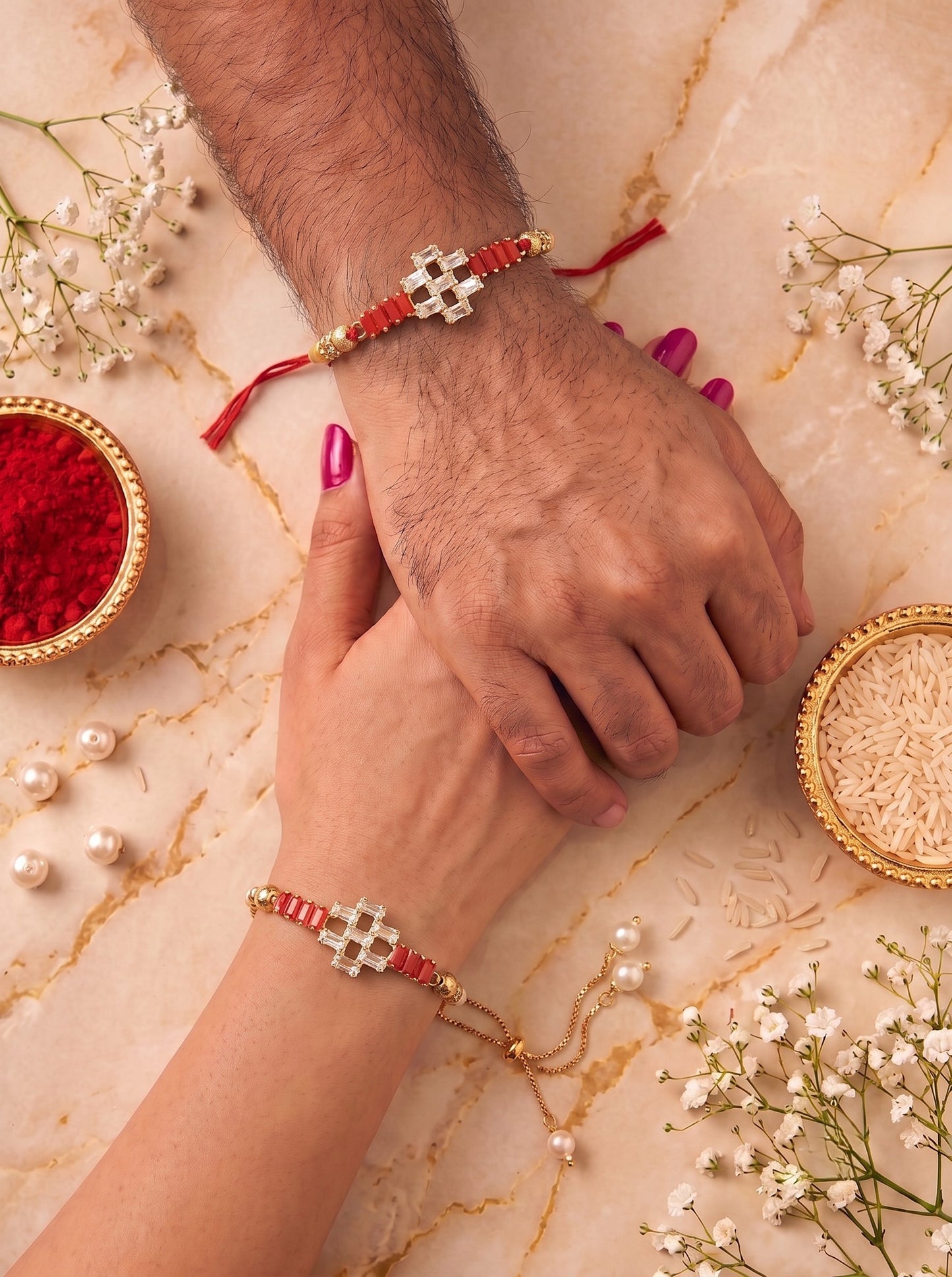Premium Gold-Plated Red Design AD Studded Beaded Bhai and Bracelet Type for Bhabhi