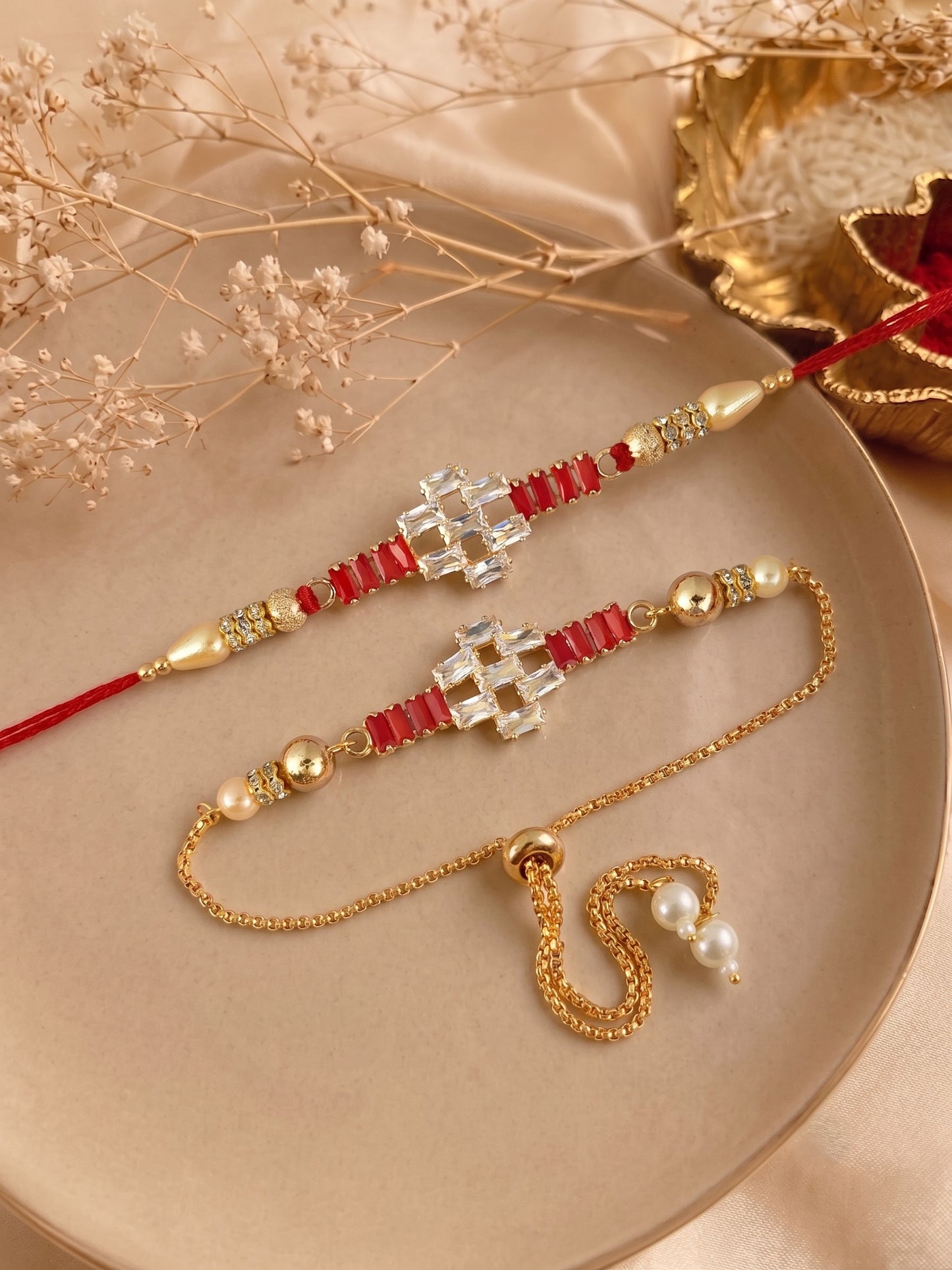 Premium Gold-Plated Red Design AD Studded Beaded Bhai and Bracelet Type for Bhabhi