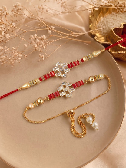 Premium Gold-Plated Red Design AD Studded Beaded Bhai and Bracelet Type for Bhabhi