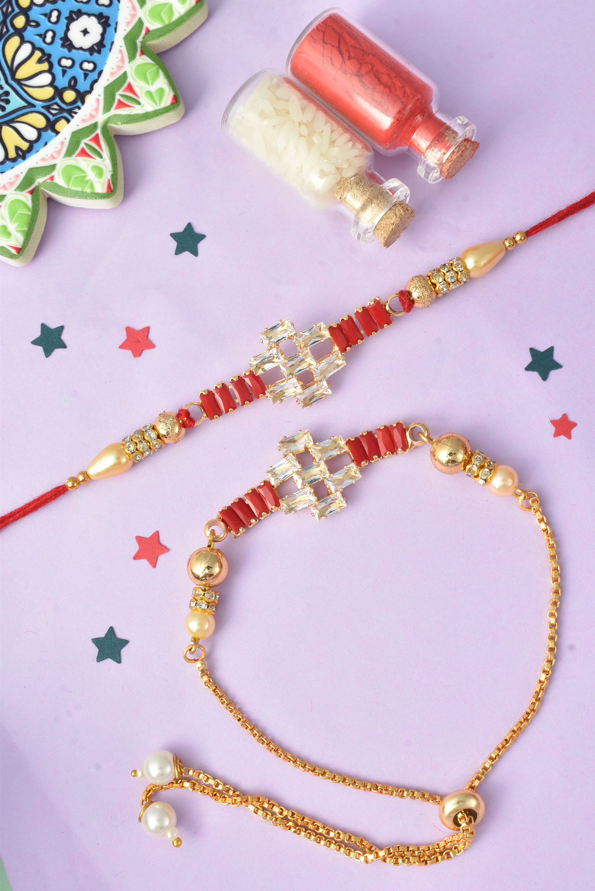 Premium Gold-Plated Red Design AD Studded Beaded Bhai and Bracelet Type for Bhabhi