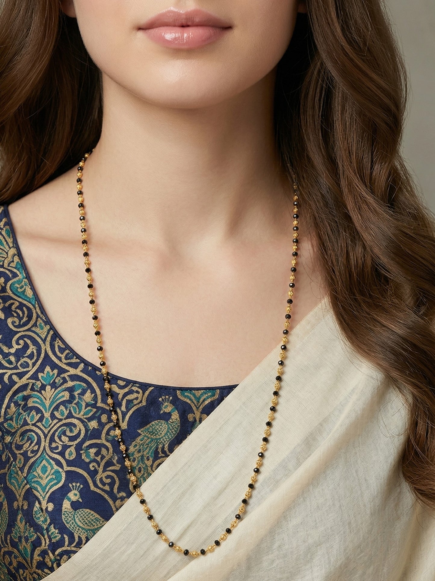 Meira Jewellery Traditional Gold Plated Dokiya Mala Necklace for Women Featuring Gold Beads and Elegant Green and Purple Pearl Accents, Perfect for Ethnic Festive and Wedding Jewellery