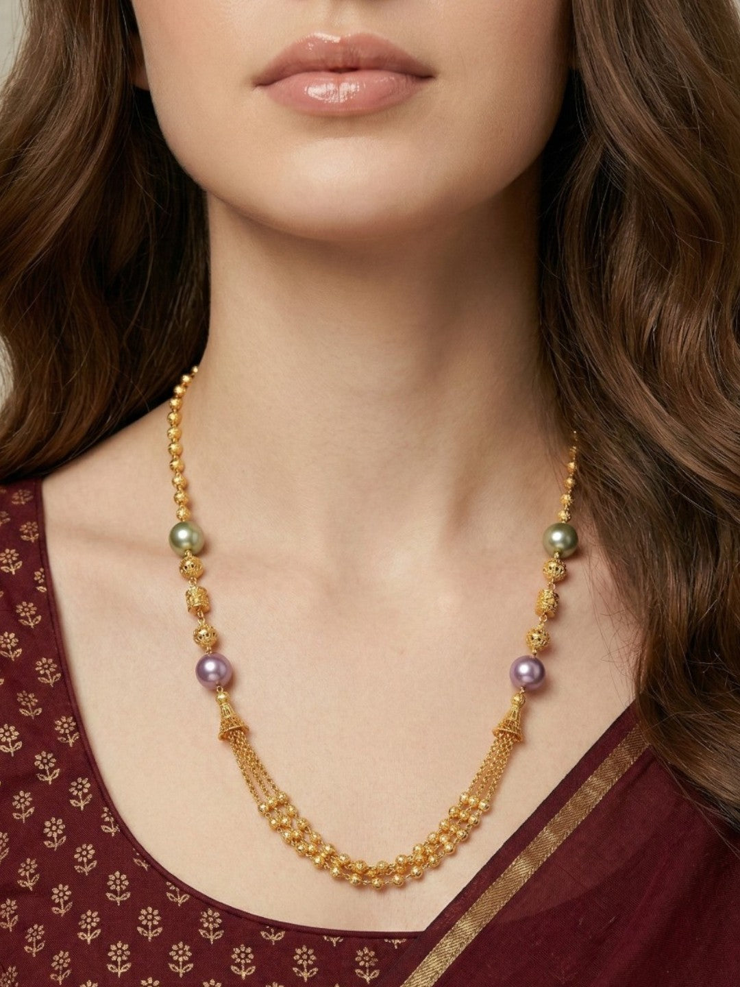 Meira Jewellery Traditional Gold Plated Three Layered Dokiya Mala Necklace for Women Featuring Gold Beads and Elegant Green and Purple Pearl Accents, Perfect for Ethnic Festive and Wedding Jewellery