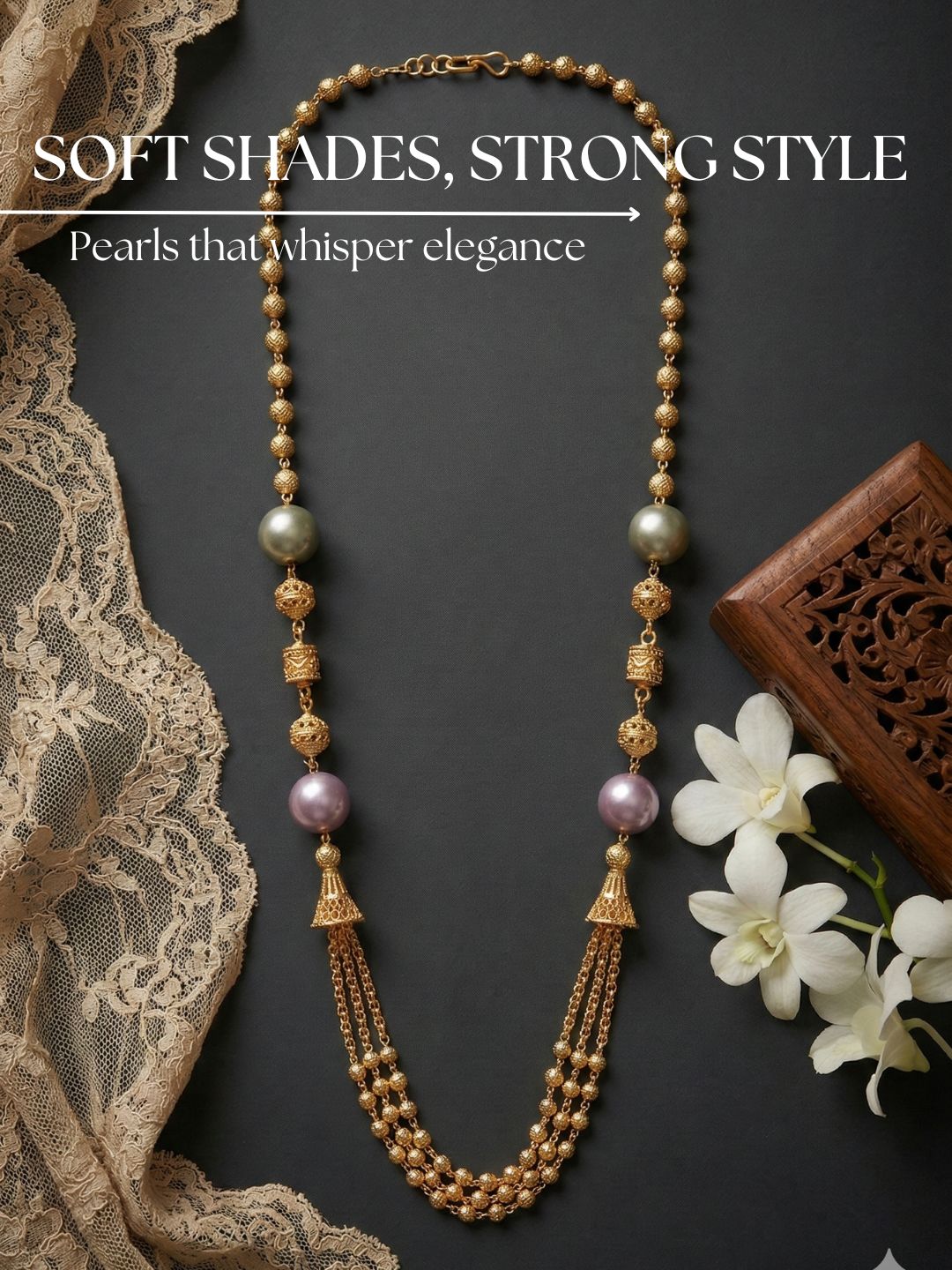 Meira Jewellery Traditional Gold Plated Three Layered Dokiya Mala Necklace for Women Featuring Gold Beads and Elegant Green and Purple Pearl Accents, Perfect for Ethnic Festive and Wedding Jewellery