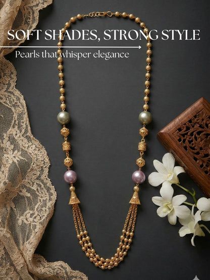 Meira Jewellery Traditional Gold Plated Three Layered Dokiya Mala Necklace for Women Featuring Gold Beads and Elegant Green and Purple Pearl Accents, Perfect for Ethnic Festive and Wedding Jewellery