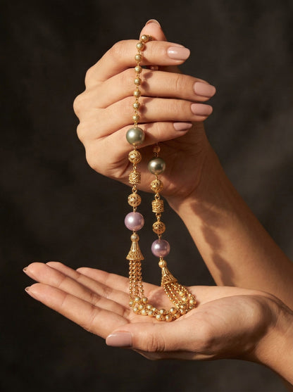 Meira Jewellery Traditional Gold Plated Three Layered Dokiya Mala Necklace for Women Featuring Gold Beads and Elegant Green and Purple Pearl Accents, Perfect for Ethnic Festive and Wedding Jewellery