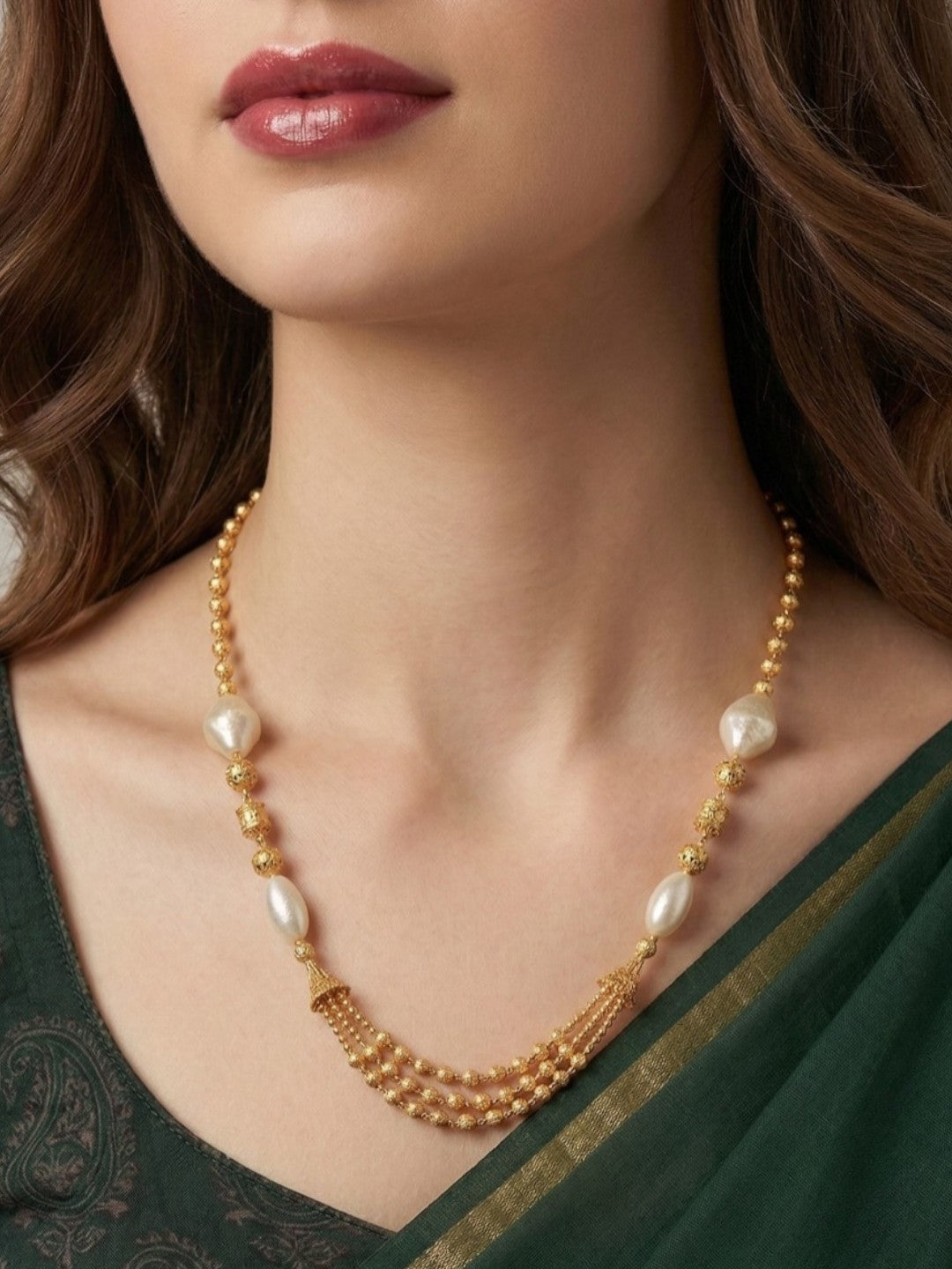 Meira Jewellery Traditional Gold Plated Three Layered Dokiya Mala Necklace for Women Featuring Gold Beads and Elegant Green and Purple Pearl Accents, Perfect for Ethnic Festive and Wedding Jewellery