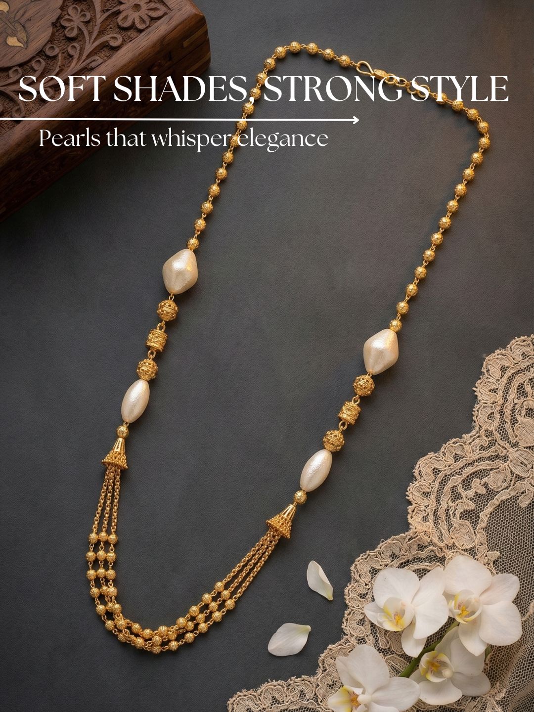 Meira Jewellery Traditional Gold Plated Three Layered Dokiya Mala Necklace for Women Featuring Gold Beads and Elegant Green and Purple Pearl Accents, Perfect for Ethnic Festive and Wedding Jewellery