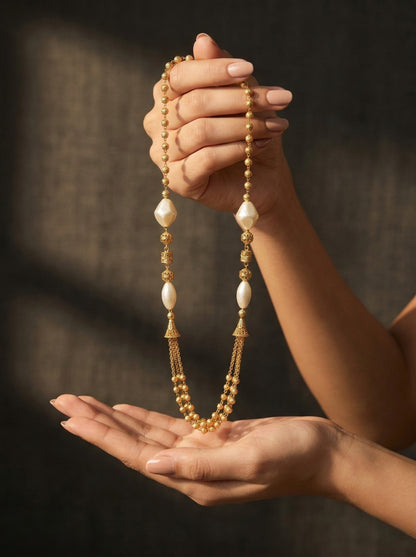 Meira Jewellery Traditional Gold Plated Three Layered Dokiya Mala Necklace for Women Featuring Gold Beads and Elegant Green and Purple Pearl Accents, Perfect for Ethnic Festive and Wedding Jewellery