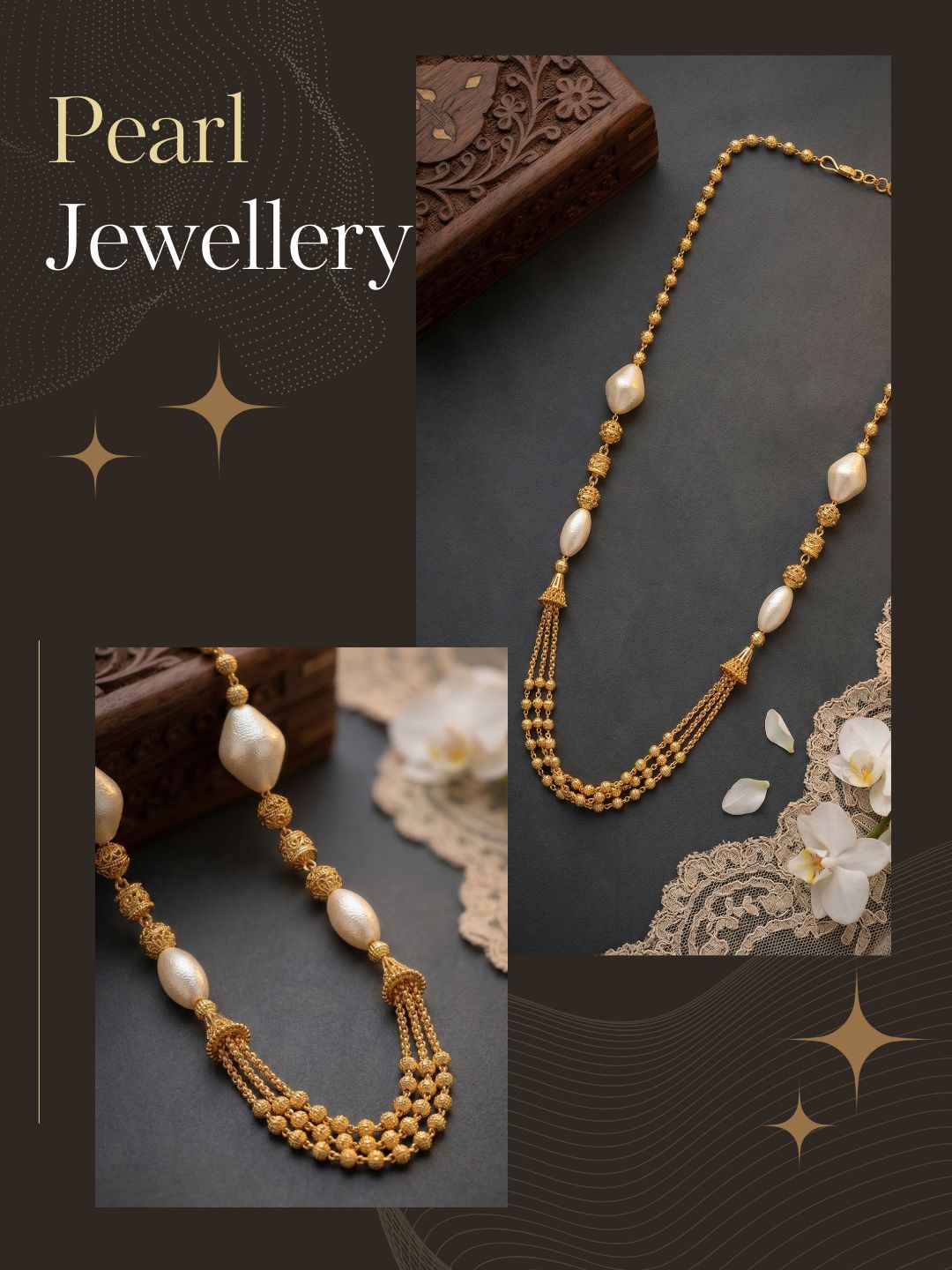 Meira Jewellery Traditional Gold Plated Three Layered Dokiya Mala Necklace for Women Featuring Gold Beads and Elegant Green and Purple Pearl Accents, Perfect for Ethnic Festive and Wedding Jewellery