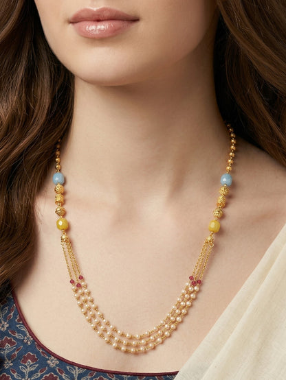 Meira Jewellery Traditional Gold Plated Dokiya Mala Necklace for Women Featuring Gold Beads and Elegant Green and Purple Pearl Accents, Perfect for Ethnic Festive and Wedding Jewellery