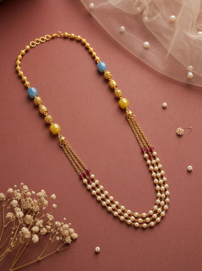 Meira Jewellery Traditional Gold Plated Dokiya Mala Necklace for Women Featuring Gold Beads and Elegant Green and Purple Pearl Accents, Perfect for Ethnic Festive and Wedding Jewellery
