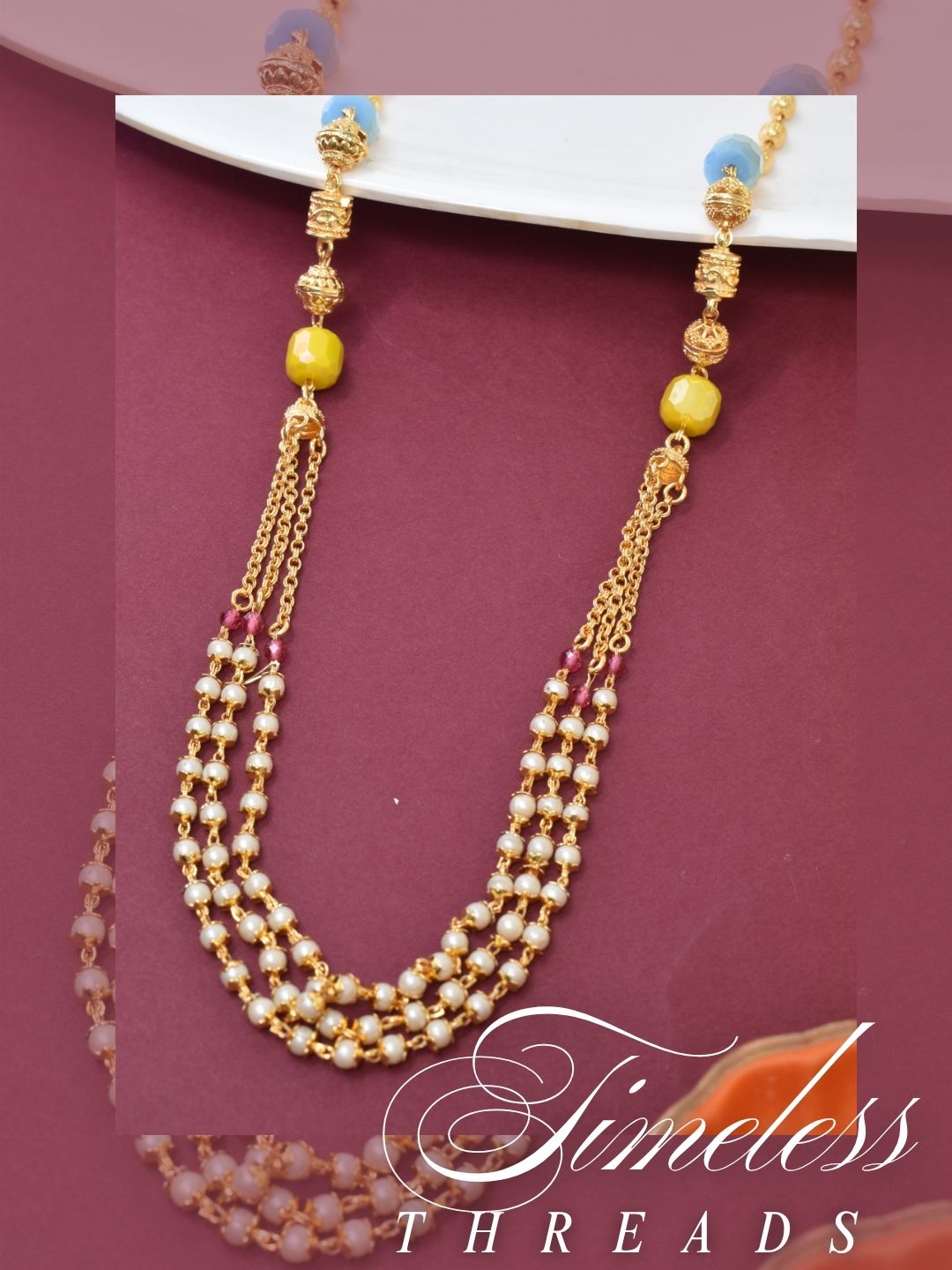 Meira Jewellery Traditional Gold Plated Dokiya Mala Necklace for Women Featuring Gold Beads and Elegant Green and Purple Pearl Accents, Perfect for Ethnic Festive and Wedding Jewellery