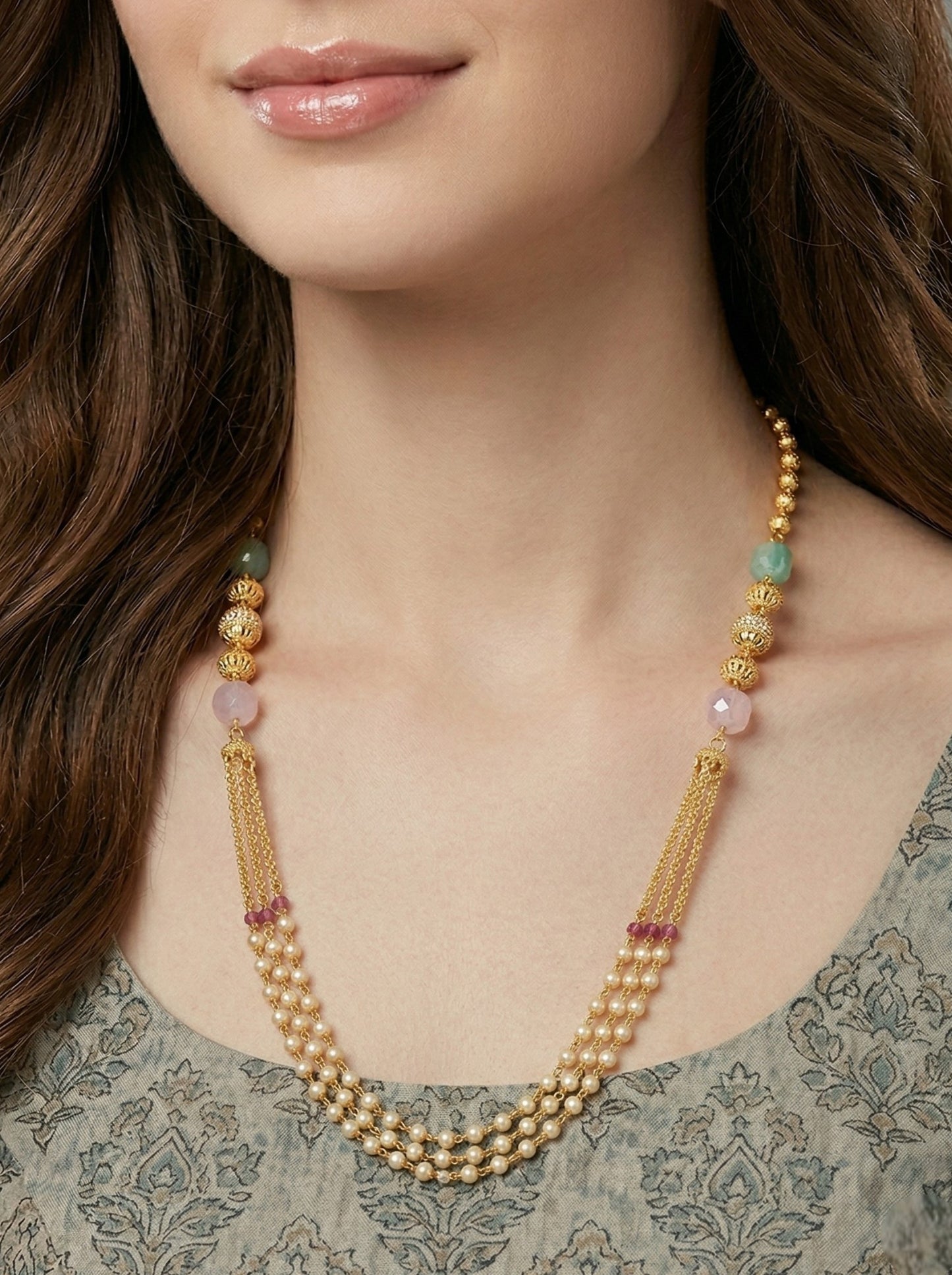 Meira Jewellery Traditional Gold Plated Dokiya Mala Necklace for Women Featuring Gold Beads and Elegant Green and Purple Pearl Accents, Perfect for Ethnic Festive and Wedding Jewellery