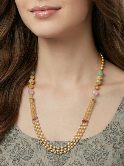 Meira Jewellery Traditional Gold Plated Dokiya Mala Necklace for Women Featuring Gold Beads and Elegant Green and Purple Pearl Accents, Perfect for Ethnic Festive and Wedding Jewellery