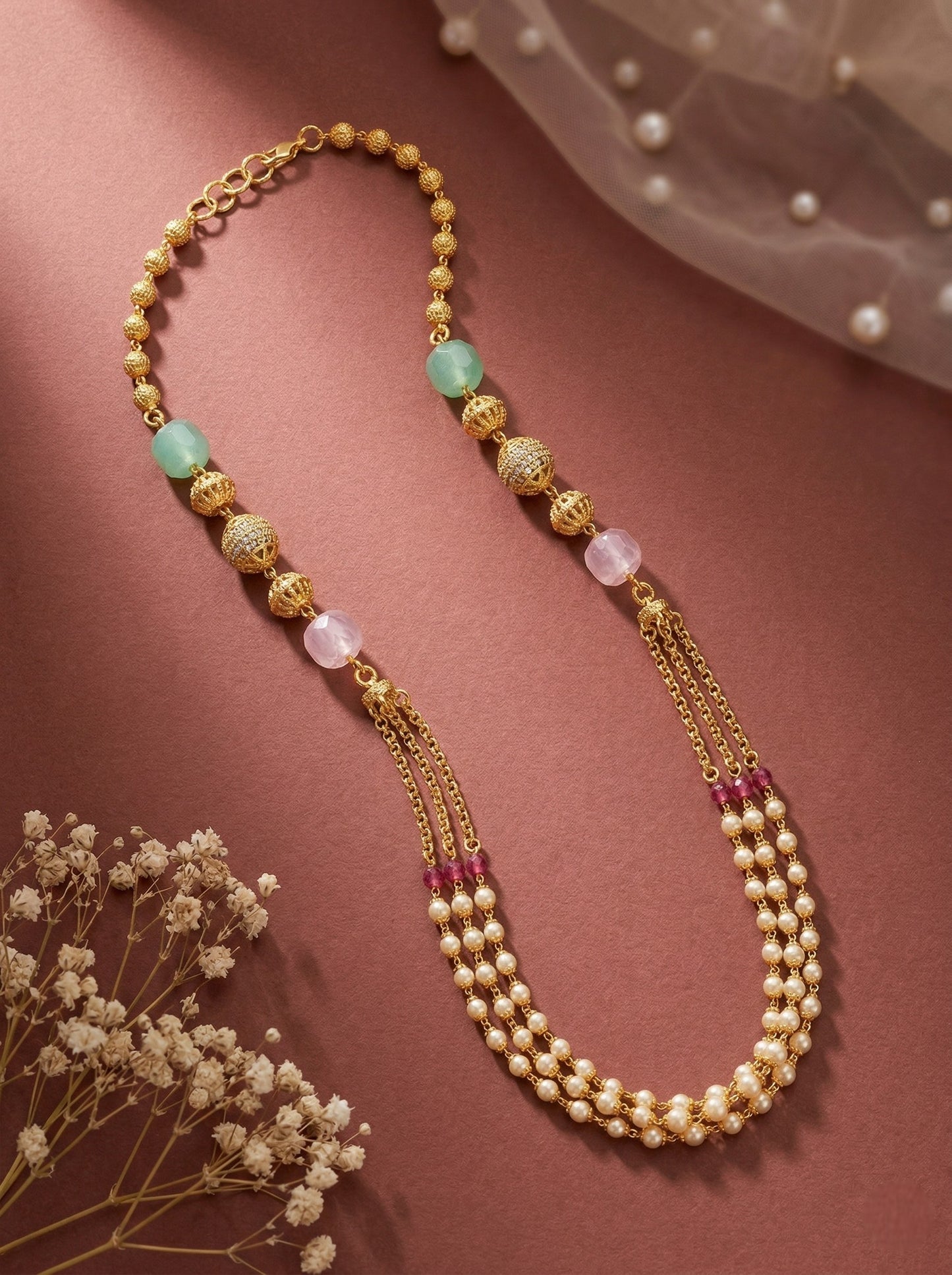 Meira Jewellery Traditional Gold Plated Dokiya Mala Necklace for Women Featuring Gold Beads and Elegant Green and Purple Pearl Accents, Perfect for Ethnic Festive and Wedding Jewellery