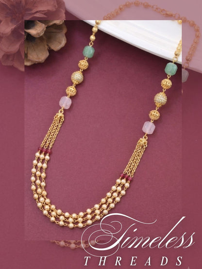 Meira Jewellery Traditional Gold Plated Dokiya Mala Necklace for Women Featuring Gold Beads and Elegant Green and Purple Pearl Accents, Perfect for Ethnic Festive and Wedding Jewellery