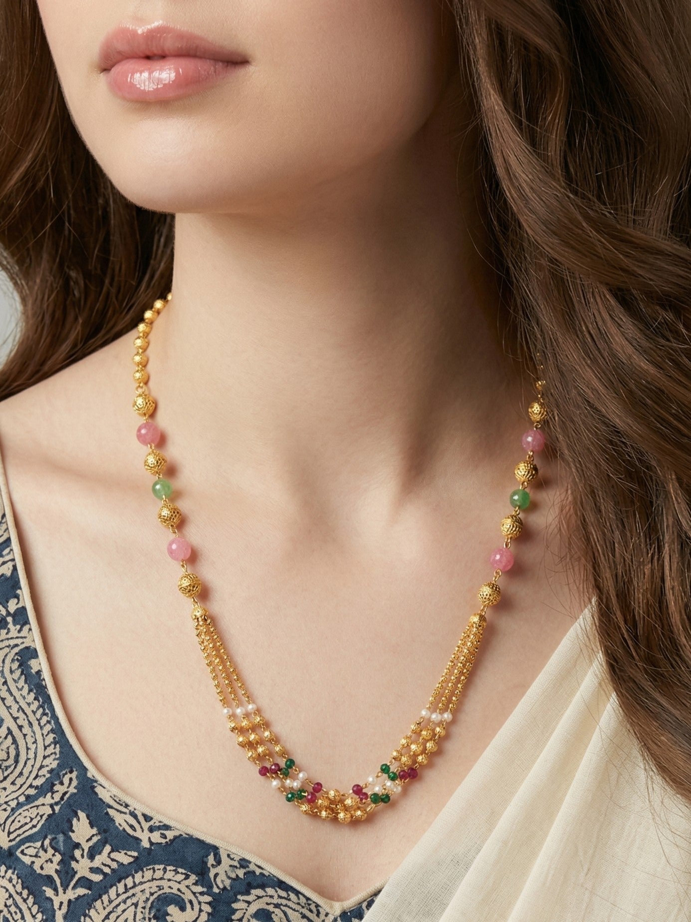 Meira Jewellery Traditional Gold Plated Dokiya Mala Necklace for Women Featuring Gold Beads and Elegant Green and Purple Pearl Accents, Perfect for Ethnic Festive and Wedding Jewellery