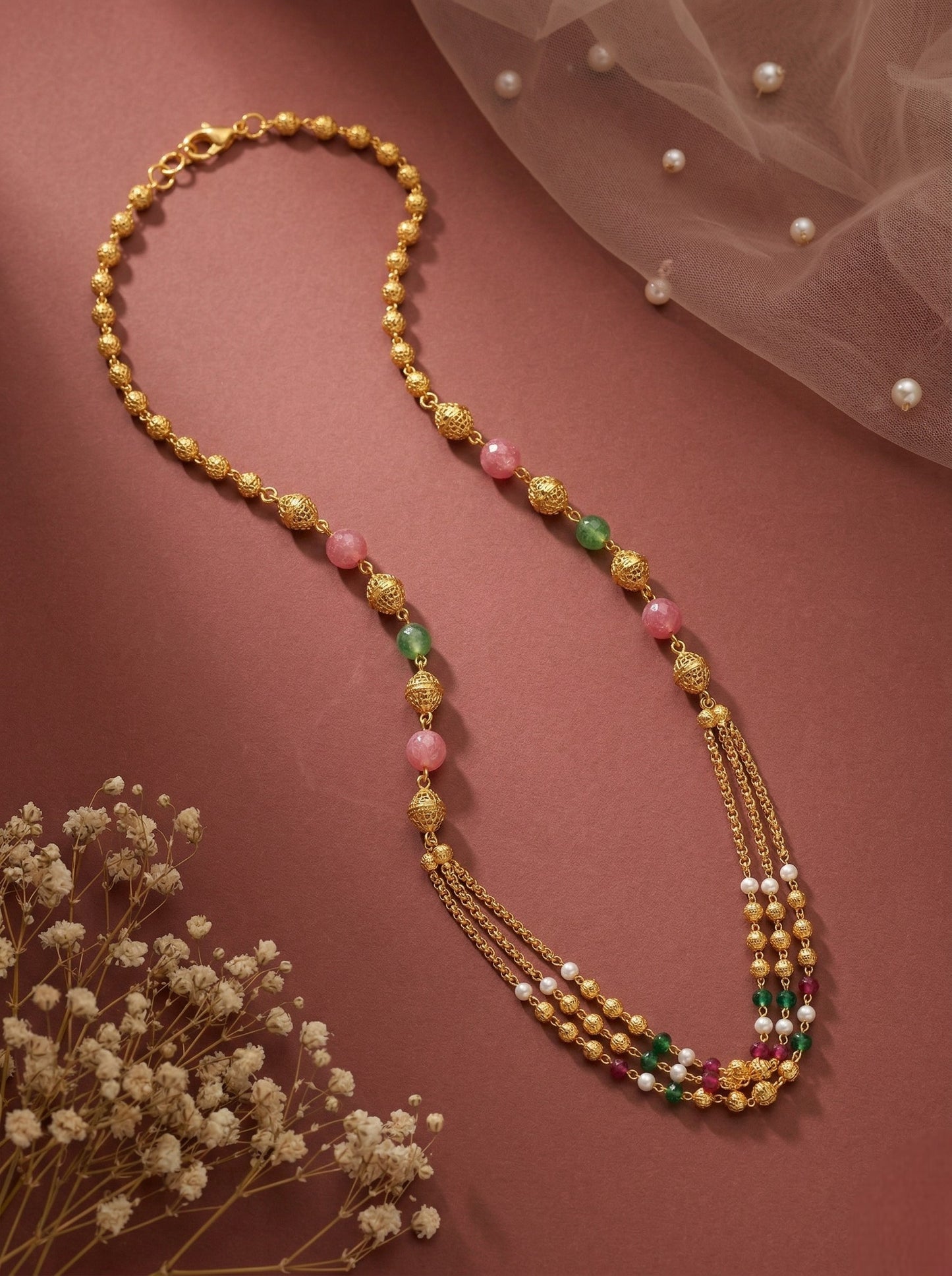Meira Jewellery Traditional Gold Plated Dokiya Mala Necklace for Women Featuring Gold Beads and Elegant Green and Purple Pearl Accents, Perfect for Ethnic Festive and Wedding Jewellery