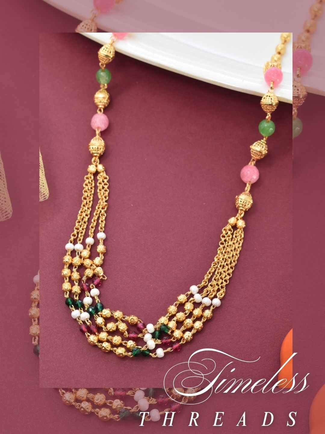 Meira Jewellery Traditional Gold Plated Dokiya Mala Necklace for Women Featuring Gold Beads and Elegant Green and Purple Pearl Accents, Perfect for Ethnic Festive and Wedding Jewellery