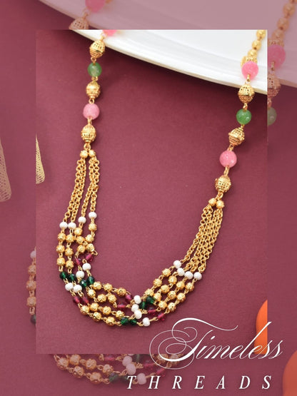 Meira Jewellery Traditional Gold Plated Dokiya Mala Necklace for Women Featuring Gold Beads and Elegant Green and Purple Pearl Accents, Perfect for Ethnic Festive and Wedding Jewellery
