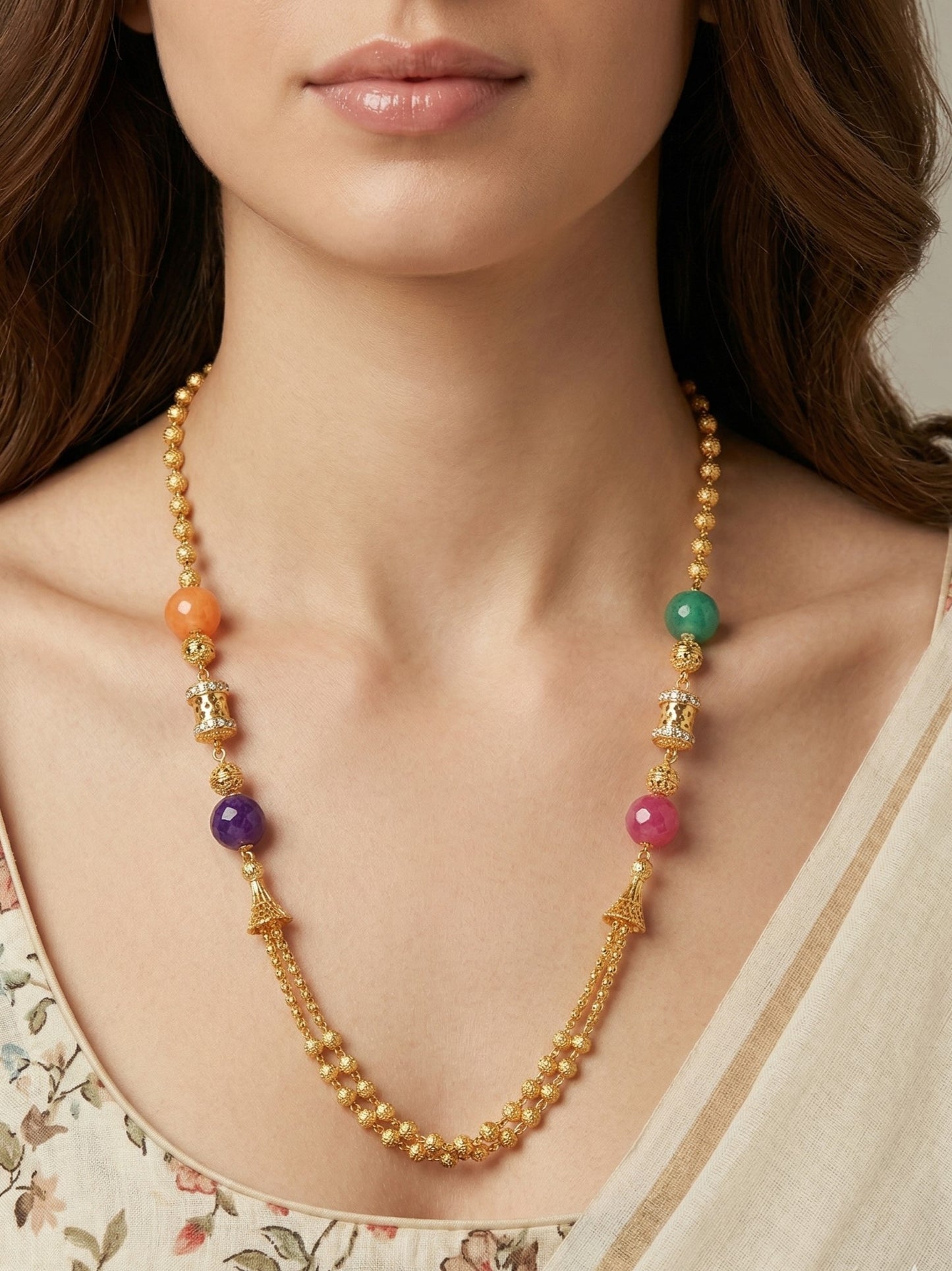 Meira Jewellery Traditional Gold Plated Dokiya Mala Necklace for Women Featuring Gold Beads and Elegant Green and Purple Pearl Accents, Perfect for Ethnic Festive and Wedding Jewellery
