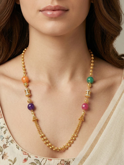 Meira Jewellery Traditional Gold Plated Dokiya Mala Necklace for Women Featuring Gold Beads and Elegant Green and Purple Pearl Accents, Perfect for Ethnic Festive and Wedding Jewellery