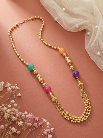 Meira Jewellery Traditional Gold Plated Dokiya Mala Necklace for Women Featuring Gold Beads and Elegant Green and Purple Pearl Accents, Perfect for Ethnic Festive and Wedding Jewellery