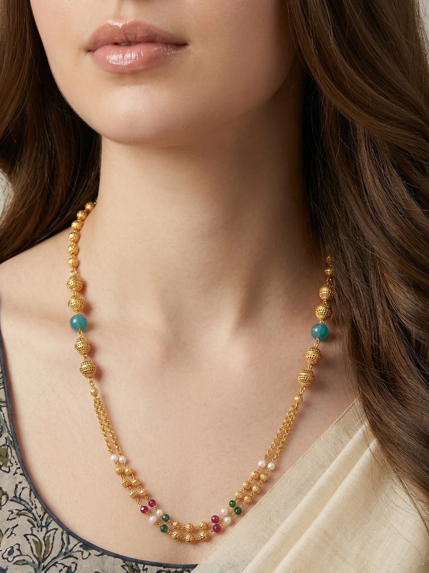 Meira Jewellery Traditional Gold Plated Dokiya Mala Necklace for Women Featuring Gold Beads and Elegant Green and Purple Pearl Accents, Perfect for Ethnic Festive and Wedding Jewellery