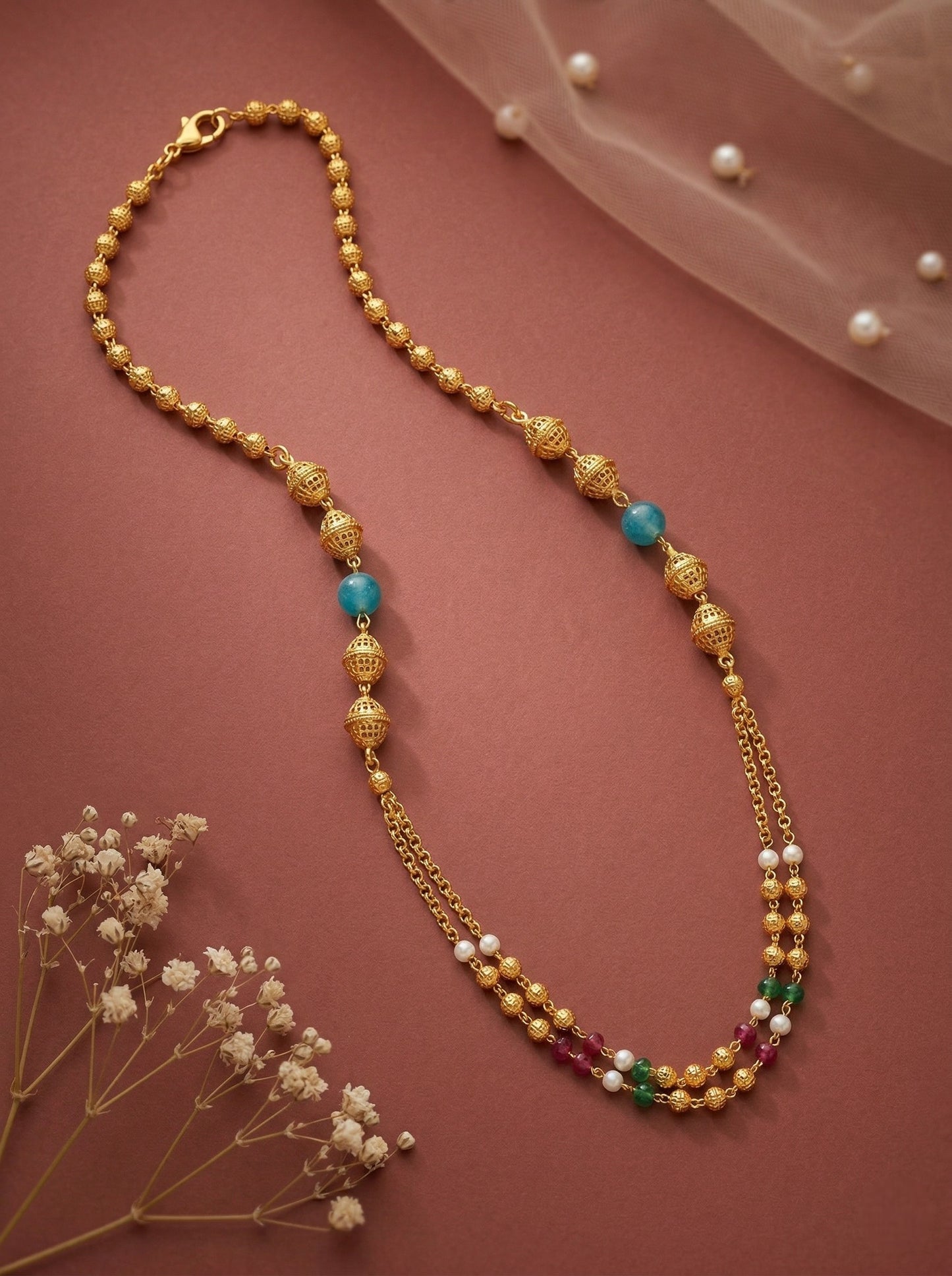 Meira Jewellery Traditional Gold Plated Dokiya Mala Necklace for Women Featuring Gold Beads and Elegant Green and Purple Pearl Accents, Perfect for Ethnic Festive and Wedding Jewellery