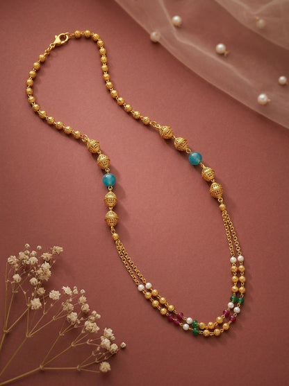 Meira Jewellery Traditional Gold Plated Dokiya Mala Necklace for Women Featuring Gold Beads and Elegant Green and Purple Pearl Accents, Perfect for Ethnic Festive and Wedding Jewellery