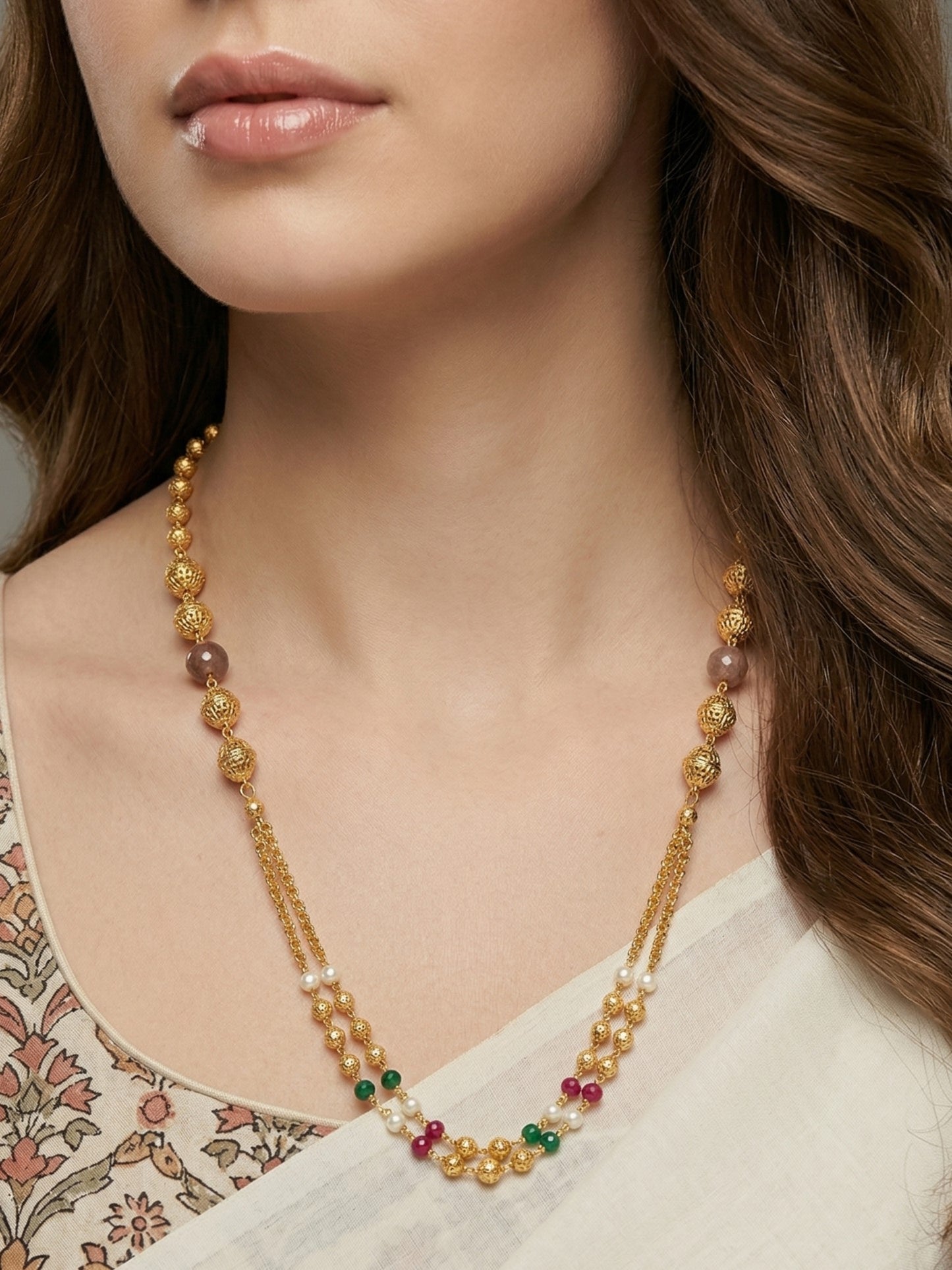 Meira Jewellery Traditional Gold Plated Dokiya Mala Necklace for Women Featuring Gold Beads and Elegant Green and Purple Pearl Accents, Perfect for Ethnic Festive and Wedding Jewellery