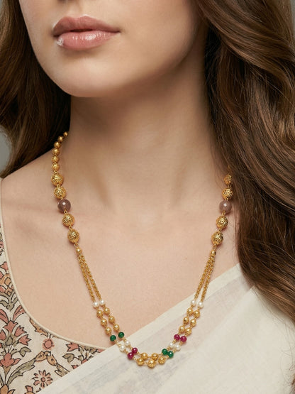 Meira Jewellery Traditional Gold Plated Dokiya Mala Necklace for Women Featuring Gold Beads and Elegant Green and Purple Pearl Accents, Perfect for Ethnic Festive and Wedding Jewellery