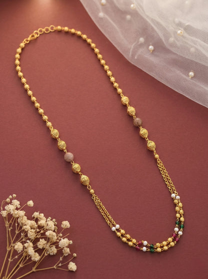 Meira Jewellery Traditional Gold Plated Dokiya Mala Necklace for Women Featuring Gold Beads and Elegant Green and Purple Pearl Accents, Perfect for Ethnic Festive and Wedding Jewellery