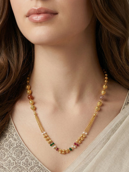 Meira Jewellery Traditional Gold Plated Dokiya Mala Necklace for Women Featuring Gold Beads and Elegant Green and Purple Pearl Accents, Perfect for Ethnic Festive and Wedding Jewellery