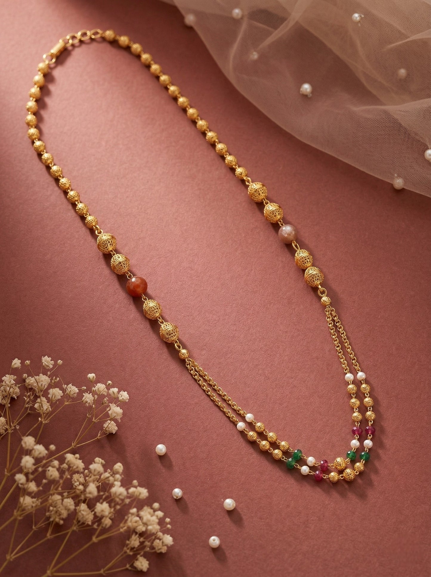 Meira Jewellery Traditional Gold Plated Dokiya Mala Necklace for Women Featuring Gold Beads and Elegant Green and Purple Pearl Accents, Perfect for Ethnic Festive and Wedding Jewellery