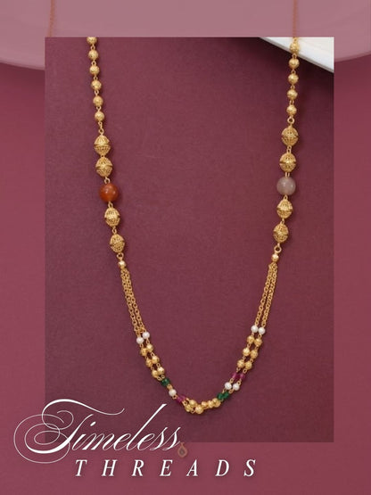 Meira Jewellery Traditional Gold Plated Dokiya Mala Necklace for Women Featuring Gold Beads and Elegant Green and Purple Pearl Accents, Perfect for Ethnic Festive and Wedding Jewellery